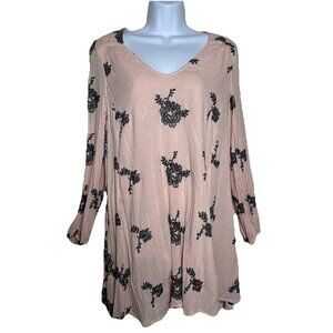 Free People Small Pink Grey Floral Embroidered Boho Austin Swing Mini Dress Boho